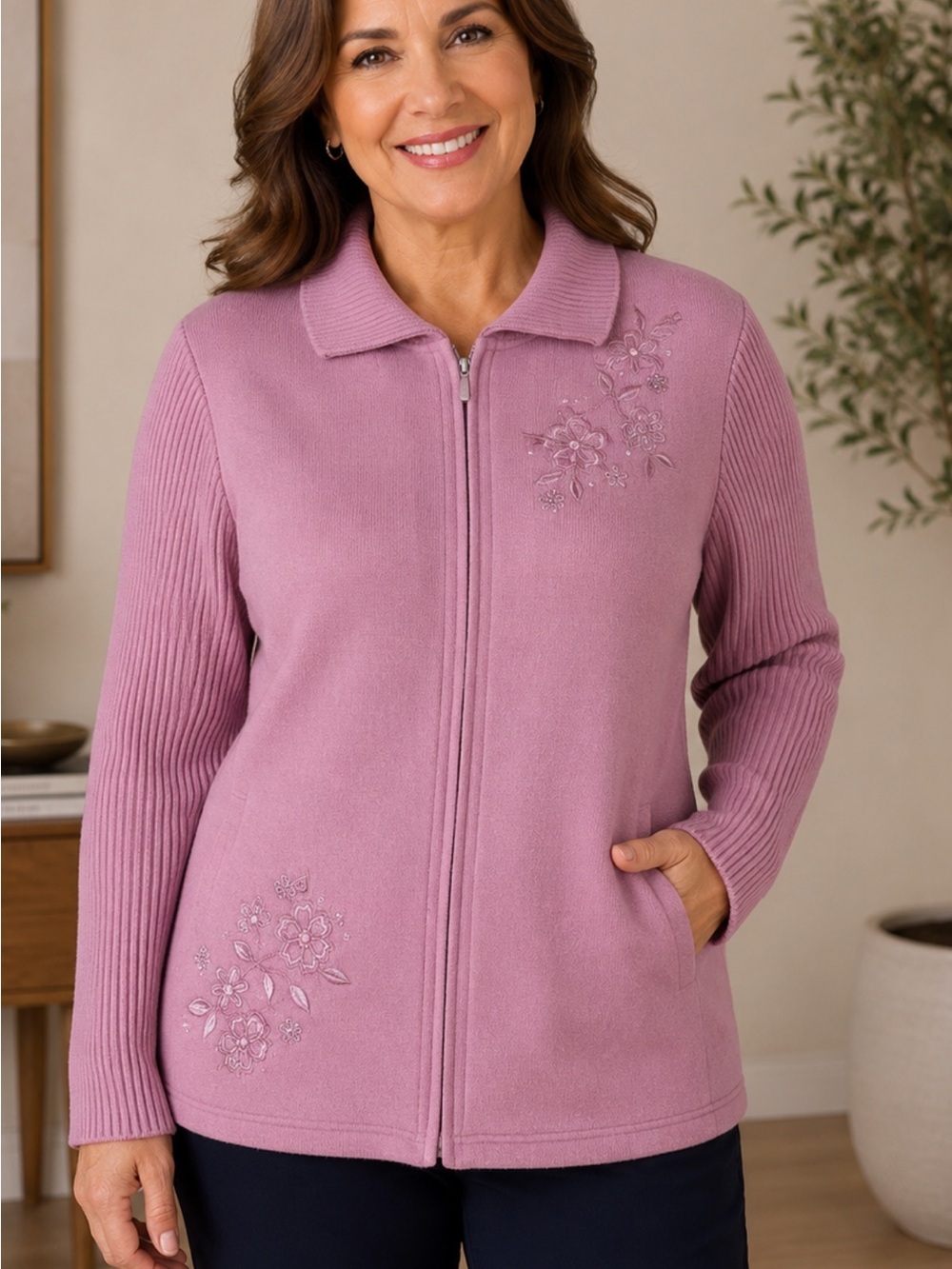 Alfred Dunner Dusty Pink Ribbed Collar Zip Sweater